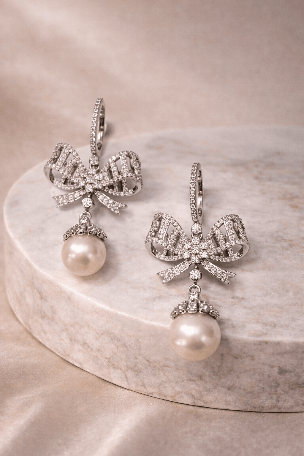 Pearl Bow Crystal Drop Earrings