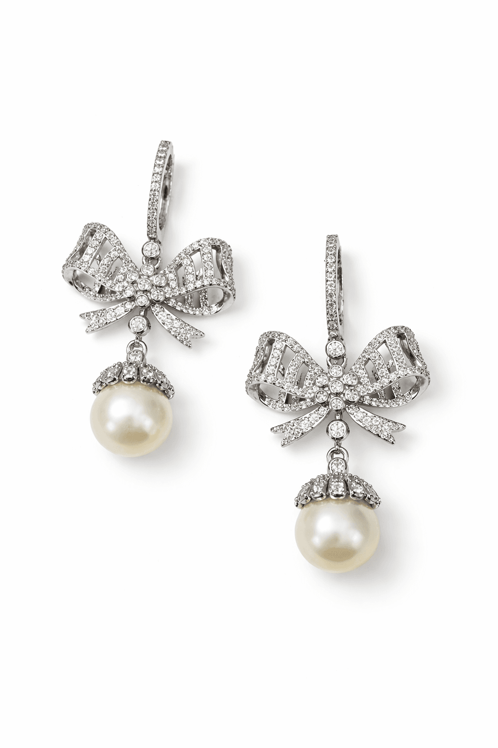 Pearl Bow Crystal Drop Earrings - alternate view